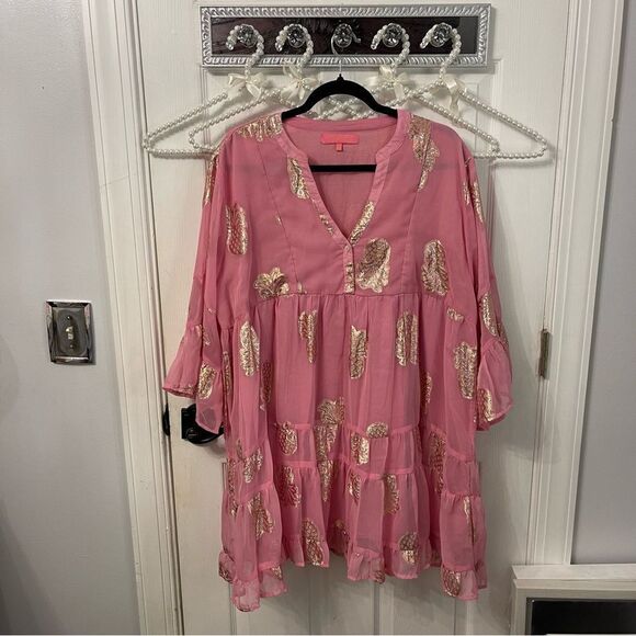 Simply Southern Pink Dress With Gold Pineapple Accents - Picture 1 of 9
